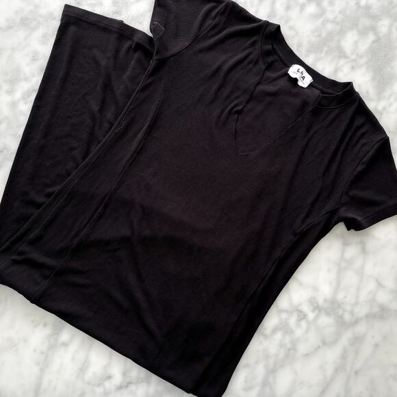 LNA Easy Rib Midi Cap Sleeve Dress Black XS Split Front V-Neck Rayon Spandex - Picture 3 of 7